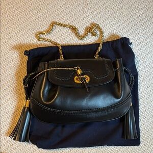 Brooks Brothers Black Leather Shoulder Bag with Detachable Gold Chain